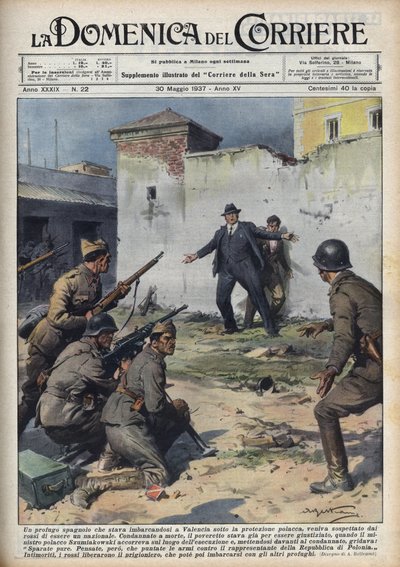 Guerra Civil Espanhola: diplomata polaco capturado ao embarcar em Valência para a Polónia escapou por pouco à execução pelas tropas republicanas, graças à intervenção do ministro polaco Szumiakowski. Ilustração de Achille Beltrame em "La domenica del Corri de Achille Beltrame