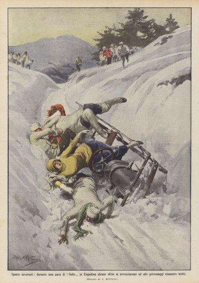 Esportes de inverno, durante uma corrida de trenó no Engadine, alguns trenós foram derrubados e alto de Achille Beltrame