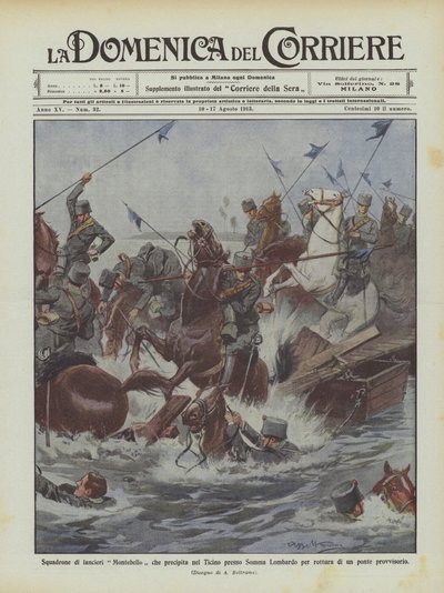 Esquadrão de lanceiros Montebello que cai em Ticino perto de Somma Lombardo por quebrar uma ponte temporária de Achille Beltrame