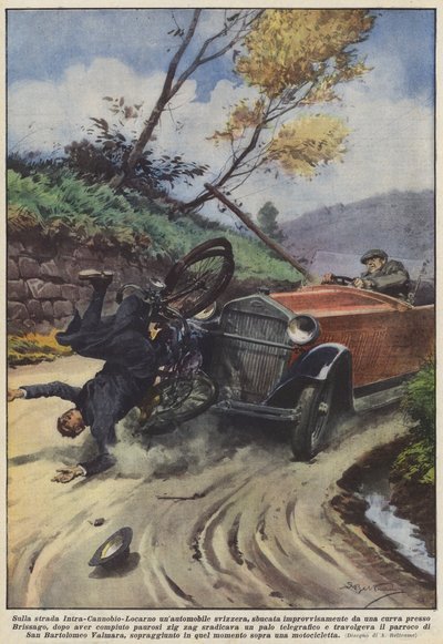 Na estrada Intra-Cannobio-Locarno, um carro suíço, de repente saindo de uma curva de Achille Beltrame