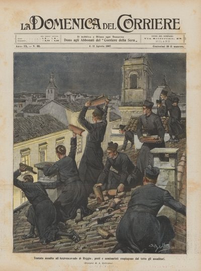 Tentativa de assalto ao Arcebispado de Reggio, padres e seminaristas repelem os assaltantes do telhado de Achille Beltrame
