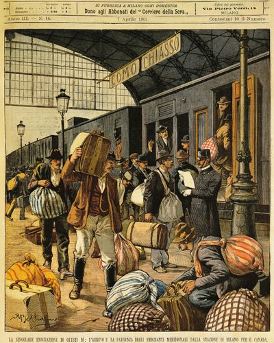 A Grande Emigração: chegadas e partidas de emigrantes do Sul da Itália para o Canadá, por Achille Beltrame (1871-1945), de La Domenica del Corriere, 7 de Abril de 1901 de Achille Beltrame