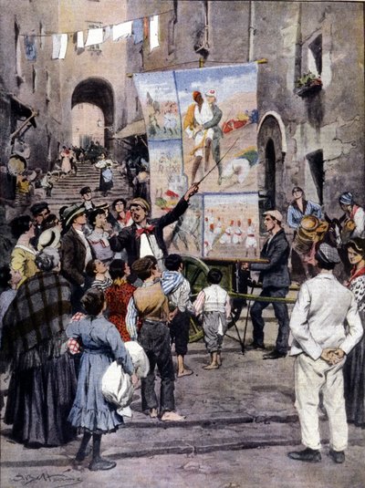 The Poesy of War: As últimas canções populares inspiradas na Guerra da Líbia são cantadas nas ruas de Nápoles por artistas de rua. Ill. de Beltrame. La Domenica del Corriere. 1912 de Achille Beltrame