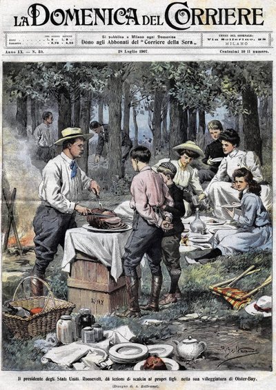 O Presidente dos Estados Unidos Theodore Roosevelt (1858 - 1919) ensinou aos seus filhos os deveres de um homem de boa sociedade, cortando-lhe a perna durante um piquenique na sua segunda residência em Oister Bay. Ilustração de Achille Beltrame. La Domenic de Achille Beltrame