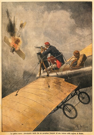 A Guerra no Ar: Duelo entre o avião francês e o alemão no céu sobre Reims, de Achille Beltrame (1871-1945), de La Domenica del Corriere, 25 de outubro de 1914 de Achille Beltrame