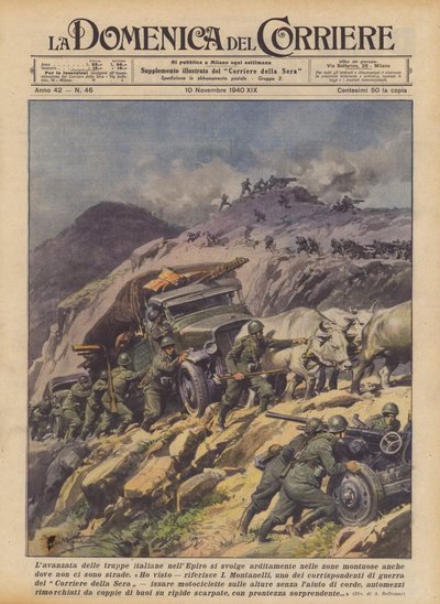 O avanço das tropas italianas em Épiro faz-se corajosamente em zonas montanhosas, mesmo quando não há estradas (litografia a cores) de Achille Beltrame