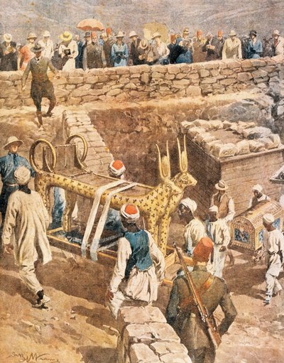 A descoberta do túmulo de Tutankhamen por Achille Beltrame (1871-1945), ilustração de Achille Beltrame