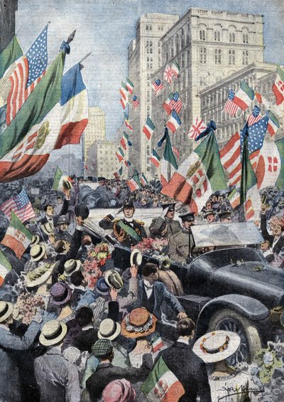 O acolhimento entusiástico do povo americano a Fernando de Sabóia, Duque de Génova e Príncipe de Udine (1884 - 1963), quando chegou a Boston. Ill. de Beltrame. La Domenica del Corriere. 06/1917. de Achille Beltrame