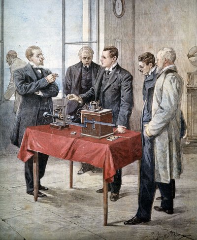 As experiências de Guglielmo Marconi (1874 - 1937) em 1899: Telegrafia sem fios através do Canal. Ilustração de Achille Beltrame em "Domenica del Corriere". de Achille Beltrame
