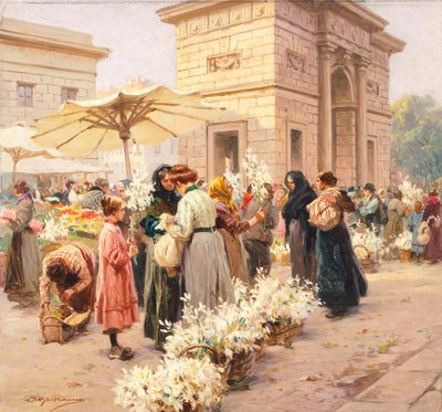 O mercado de lírios em Porta Garibaldi em Milão, por Achille Beltrame (1871-1945), de La Domenica del Corriere, Itália Século XX de Achille Beltrame