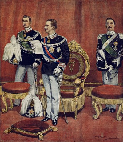 O juramento do Rei Vittorio Emanuele III nas Câmaras do Senado em Roma, por Achille Beltrame (1871-1945), de La Domenica del Corriere de Achille Beltrame