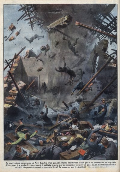 A tragédia de uma explosão escolar em Nova Londres, Texas, causada por um vazamento de gás no dia 18 de março. Ilustração de Achille Beltrame em "La domenica del Corriere" de 04/04/1937. de Achille Beltrame