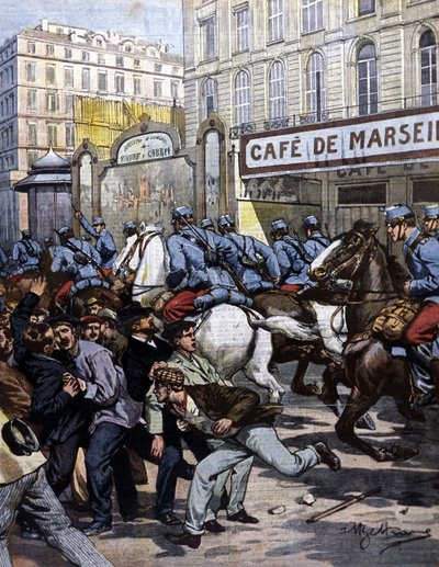 As greves dos trabalhadores em Marselha: os hussardos encarregados no Canebière. Ilustração de Beltrame. La Domenica del corriere. 1901. de Achille Beltrame