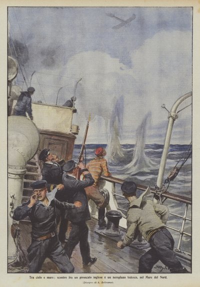 Entre o céu e o mar, confronto entre um navio inglês e um avião alemão no Mar do Norte de Achille Beltrame