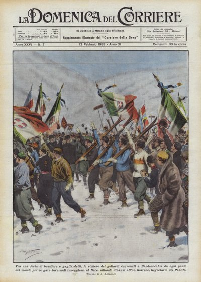 Entre um grupo de bandeiras e flâmulas, as fileiras dos goliares concordaram com Bardonecchia de cada uma delas. de Achille Beltrame