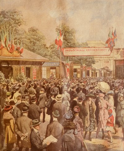 Feira em Milão, por Achille Beltrame, ilustração, Ilustrador Achille Beltrame (1871-1945), de La Domenica del Corriere, 24 de Abril de 1921 de Achille Beltrame