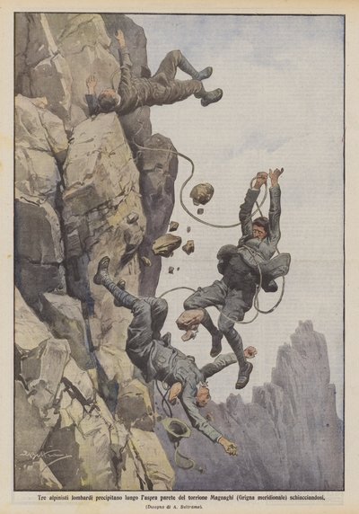 Três montanhistas lombardos mergulham ao longo da parede íngreme da torre de Magnaghi (sul de Grigna) esmagando de Achille Beltrame
