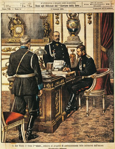 O czar Nicolau II assina projeto de reformas institucionais, por Achille Beltrame (1871-1945), de La Domenica del Corriere, 8 de janeiro de 1905 de Achille Beltrame