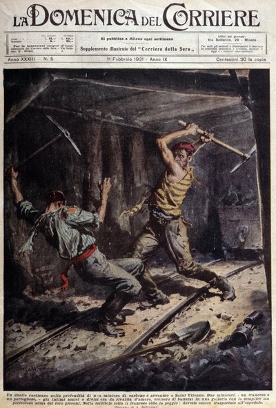 Dois mineiros franceses e portugueses lutando com seus machados em uma galeria por causa de uma história de amor - desenho de A. Beltrame, em "La Domenica del Corriere" de 1º de fevereiro de Achille Beltrame