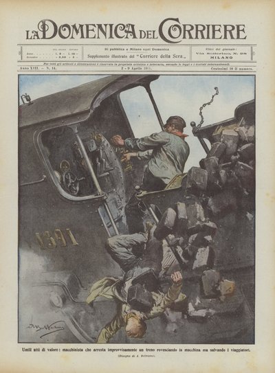 Humildes ações de valor, um maquinista que de repente pára um trem virando o carro de Achille Beltrame