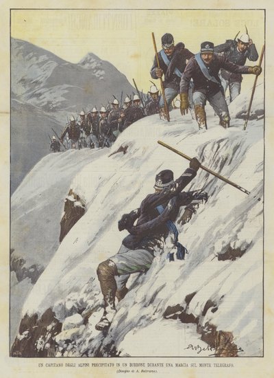 Um capitão dos Alpini correu em um barranco durante uma marcha no monte Telegraph de Achille Beltrame