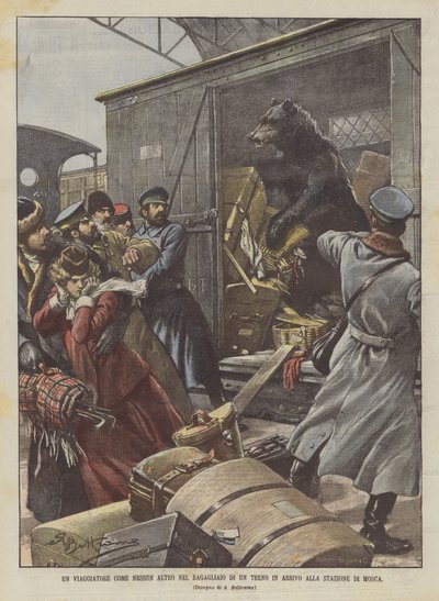 Um viajante como nenhum outro no tronco de um trem de chegada na estação de Moscou de Achille Beltrame