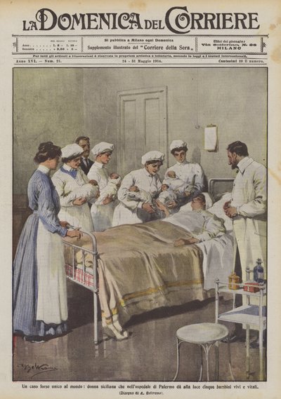 Um caso talvez único no mundo, uma mulher siciliana que no hospital de Palermo dá à luz cinco de Achille Beltrame