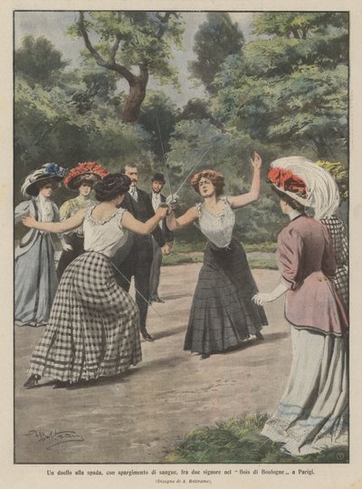 Um duelo para a espada, com derramamento de sangue, entre duas senhoras no Bois de Boulogne em Paris de Achille Beltrame