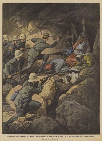 Um episódio da batalha de Zanzur, os árabes surpreenderam em uma caverna onde, salvo de Achille Beltrame