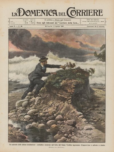 Um episódio das últimas inundações, um agricultor surpreendido na cama do rio espessa Trebbia de Achille Beltrame