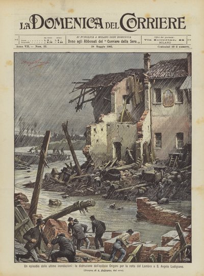 Um episódio das últimas inundações, a destruição do edifício Origoni para a rota Lambro de Achille Beltrame
