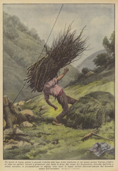 Um feixe de madeira, chegou a grande velocidade na base do teleférico de uma montanha perto de Varese de Achille Beltrame
