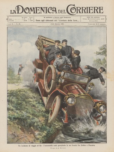 Um acidente de viagem para o rei, o carro real caiu em uma vala entre Bobbio e Piacellza de Achille Beltrame
