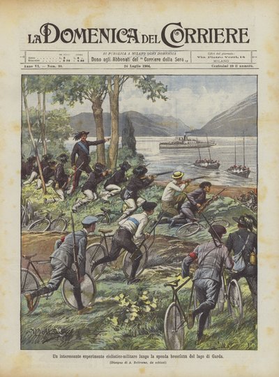 Um interessante experimento ciclístico-militar ao longo do lado de Brescia do Lago Garda de Achille Beltrame