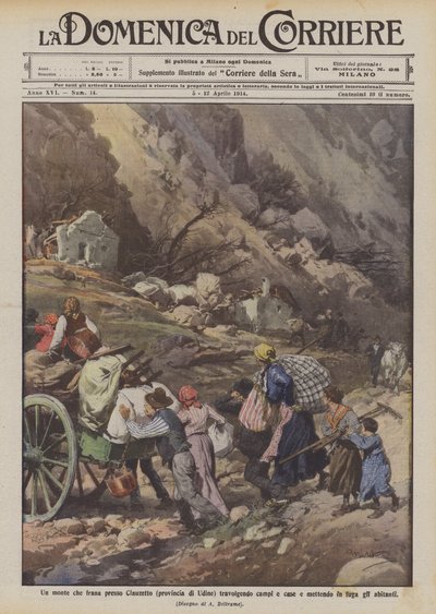 Uma montanha que aterra em Clauzetto (província de Udine) devastando campos e casas e colocando os habitantes em fuga de Achille Beltrame