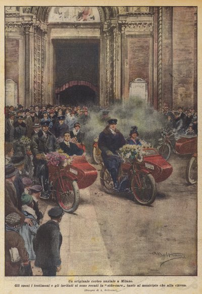 Uma procissão de casamento original em Milão (cor litho) de Achille Beltrame