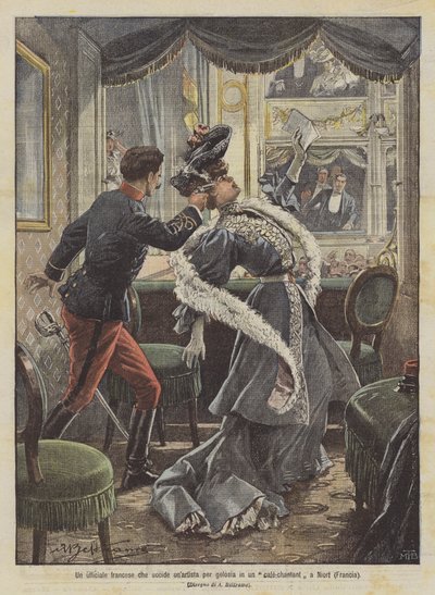 Um oficial francês engana um artista amador por ciúmes em um café-chantant em Niort (França) de Achille Beltrame