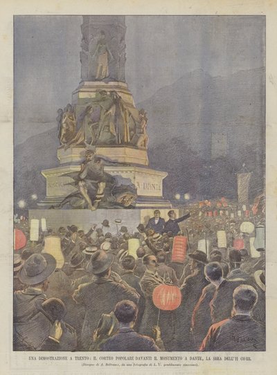 Uma Demonstração Em Trento, A Procissão Popular Na Frente Do Monumento A Dante, A Noite De Dell Corr de Achille Beltrame