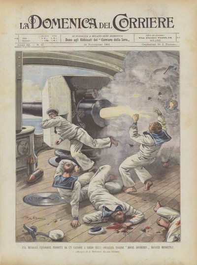 Uma explosão mortal produzida por um canhão a bordo do navio de guerra Royal Sovereign English em frente a Missolonghi de Achille Beltrame