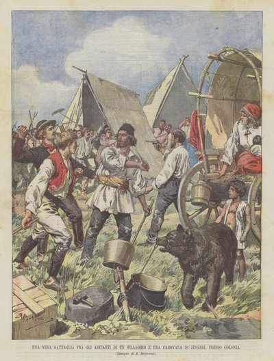 Uma verdadeira batalha entre habitantes de uma aldeia e uma caravana de ciganos em Colónia de Achille Beltrame