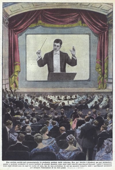Uma novidade curiosa no cinema, as orquestras lideradas pela tela de Achille Beltrame