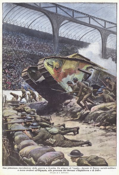 Uma reprodução pitoresca da guerra em Londres de Achille Beltrame