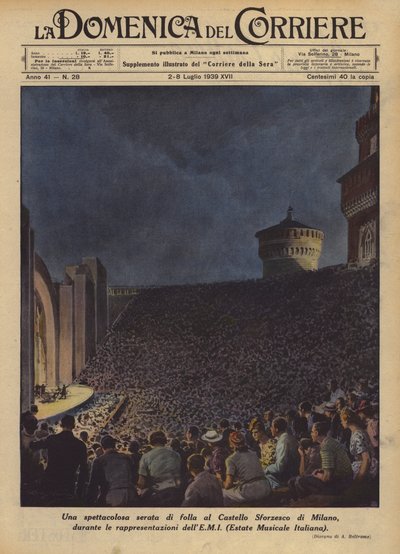 Uma noite espetacular de multidões no Castello Sforzesco em Milão, durante as apresentações de Achille Beltrame