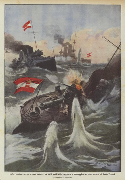 Unaggression pago por um preço elevado, três navios austríacos atingidos e danificados por uma bateria de Porto Corsini de Achille Beltrame