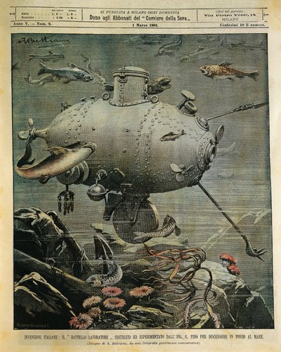 Embarcação submarina para exploração do fundo marinho, ilustração de Achille Beltrame (1871-1945), de La Domenica del Corriere, 1 de março de Achille Beltrame