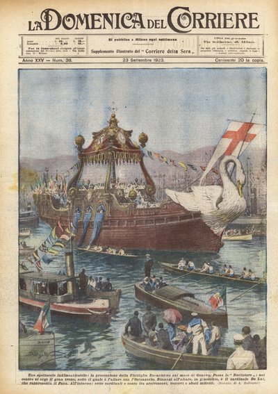 Um espetáculo inesquecível, a procissão da Flotilha Eucarística no mar de Gênova de Achille Beltrame