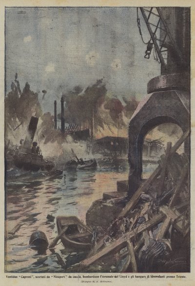 Vinte e dois Caproni, escoltados por caçar Nieuport, bombardearam o Arsenal de Lloyd e os hangares de Achille Beltrame