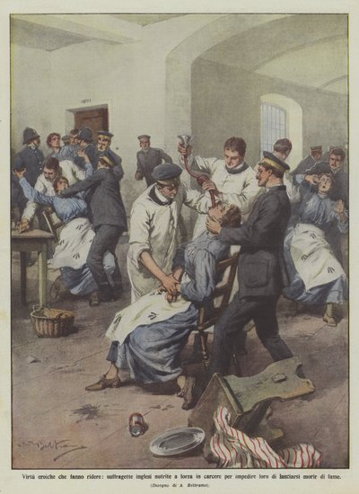 Virtudes heróicas que fazem você rir, suffragettes ingleses alimentados com força na prisão para impedi-los de Achille Beltrame