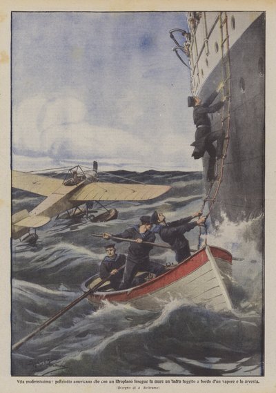 Vida muito moderna, um policial americano que persegue um ladrão furioso para o mar com um hidroavião de Achille Beltrame