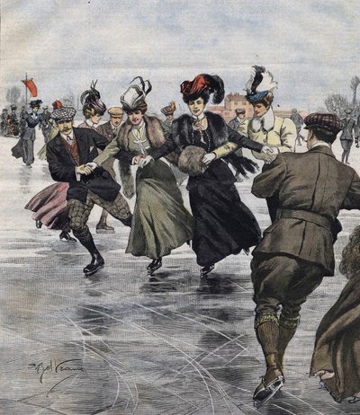 Diversão de Inverno. Skaters. ilustração de Achille Beltrame em 1907. de Achille Beltrame